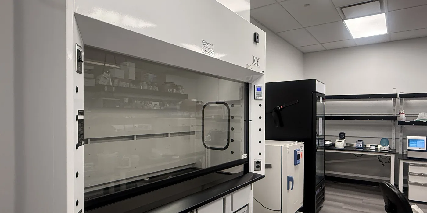 Twenty Seven Labs BSL-2 chemistry lab in Hayward, California, with a fume hood and wet chemistry bench